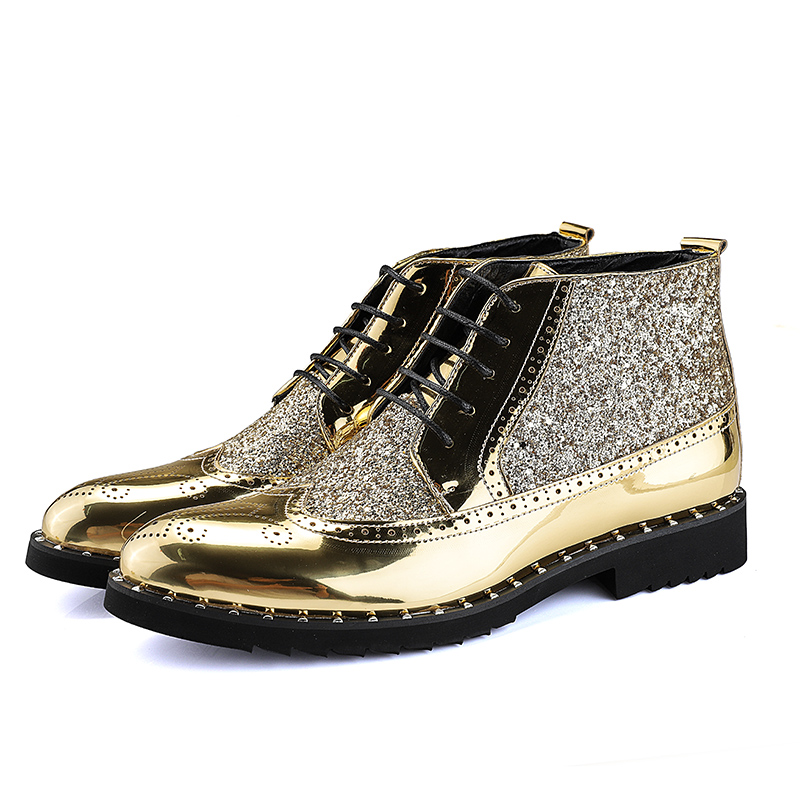 New Style Men Glitter Gold Sequins Party Fashon Boots For Man Casual Leather High Cut Ankle Dress Shoes