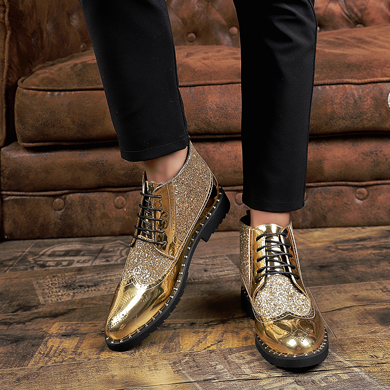 New Style Men Glitter Gold Sequins Party Fashon Boots For Man Casual Leather High Cut Ankle Dress Shoes
