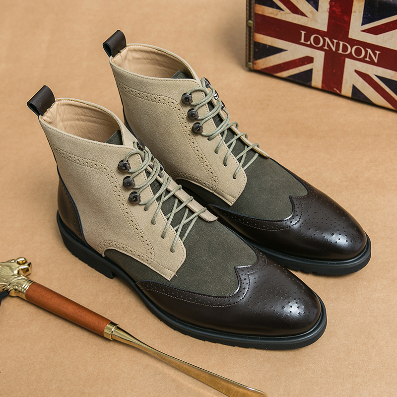Lace-Up High Ankle Long Leather Shoes For Male Man British Microfiber Leather Martin Boots