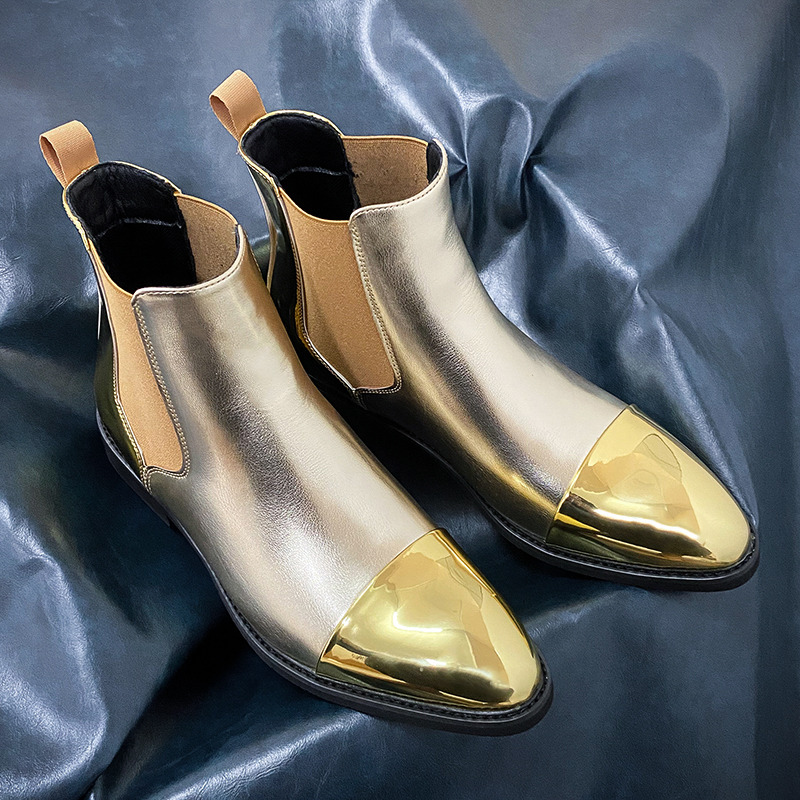 Fashion Outdoor Gold Glitter Leather Ankle Shoes & Bootie For Man Anti-Slippery Casual Shiny Short Chelsea Boots