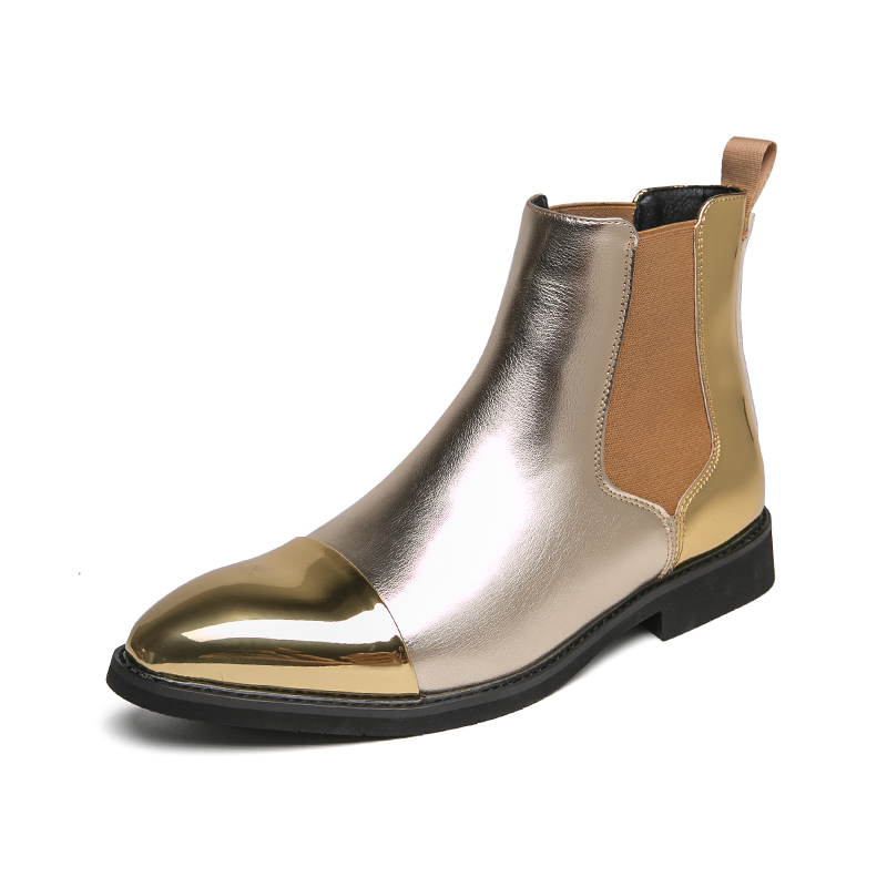 Fashion Outdoor Gold Glitter Leather Ankle Shoes & Bootie For Man Anti-Slippery Casual Shiny Short Chelsea Boots